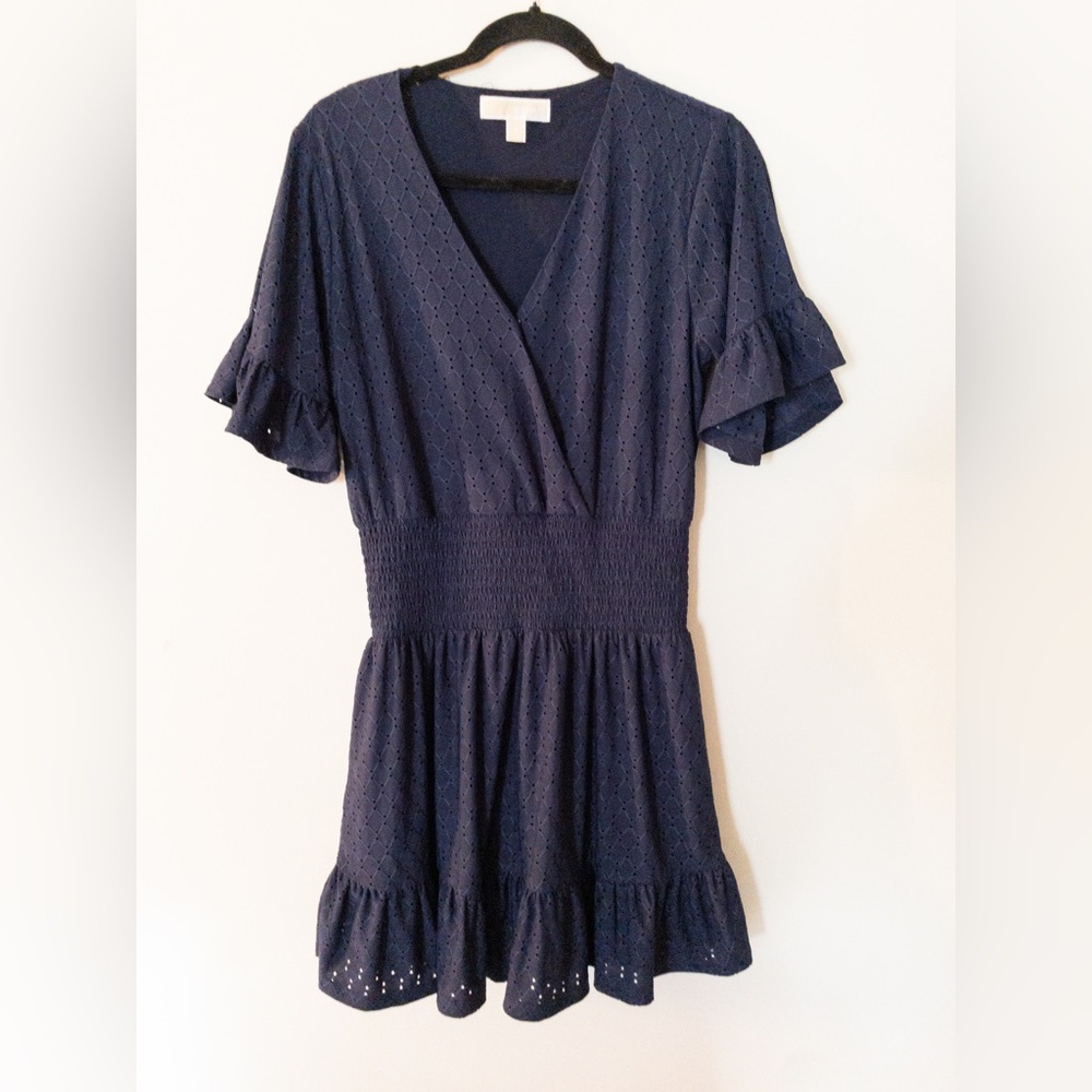 MICHAEL Michael Kors Navy Mini Dress Eyelet Ruffle Short Sleeve Size S